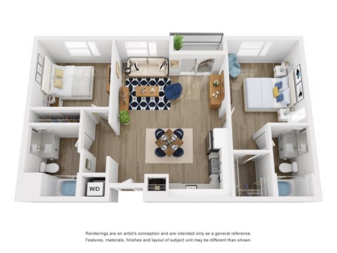 Floor plan for 2 beds, 2 baths, 938 sqft